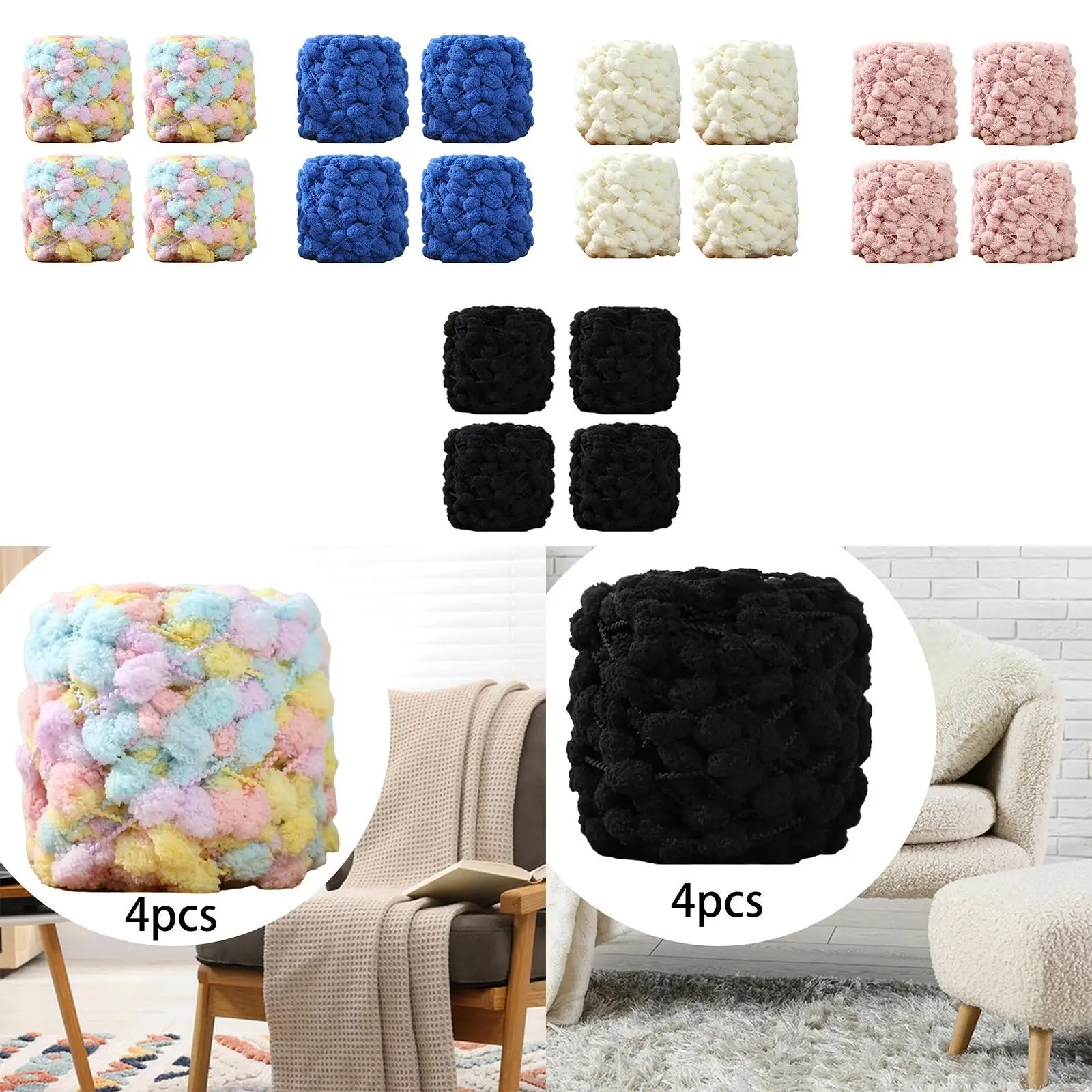 Pompom Chunky Yarn Arm Knitting Crocheting 4 Rolls for Pet Bed Tapestry DIY