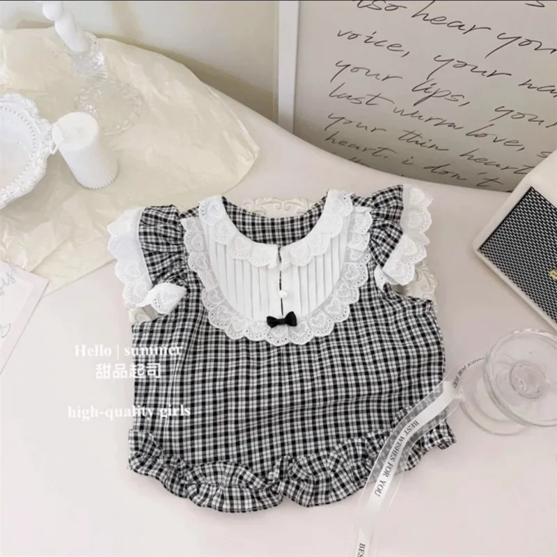 XH-Girls' Summer Suit2024New Girls' Short-Sleeved Shirt and Shorts Western Style Two-Piece Suit Little Girls' Summer Clothes