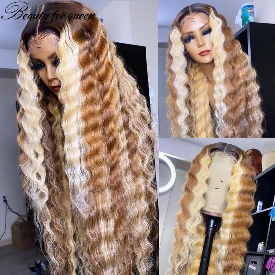 Perruque Lace Front Wig Deep Wave Naturelle, Cheveux Humains, Couleur Blond Miel Ombré #4/27, 13x4, Densité 180%, pour Femme