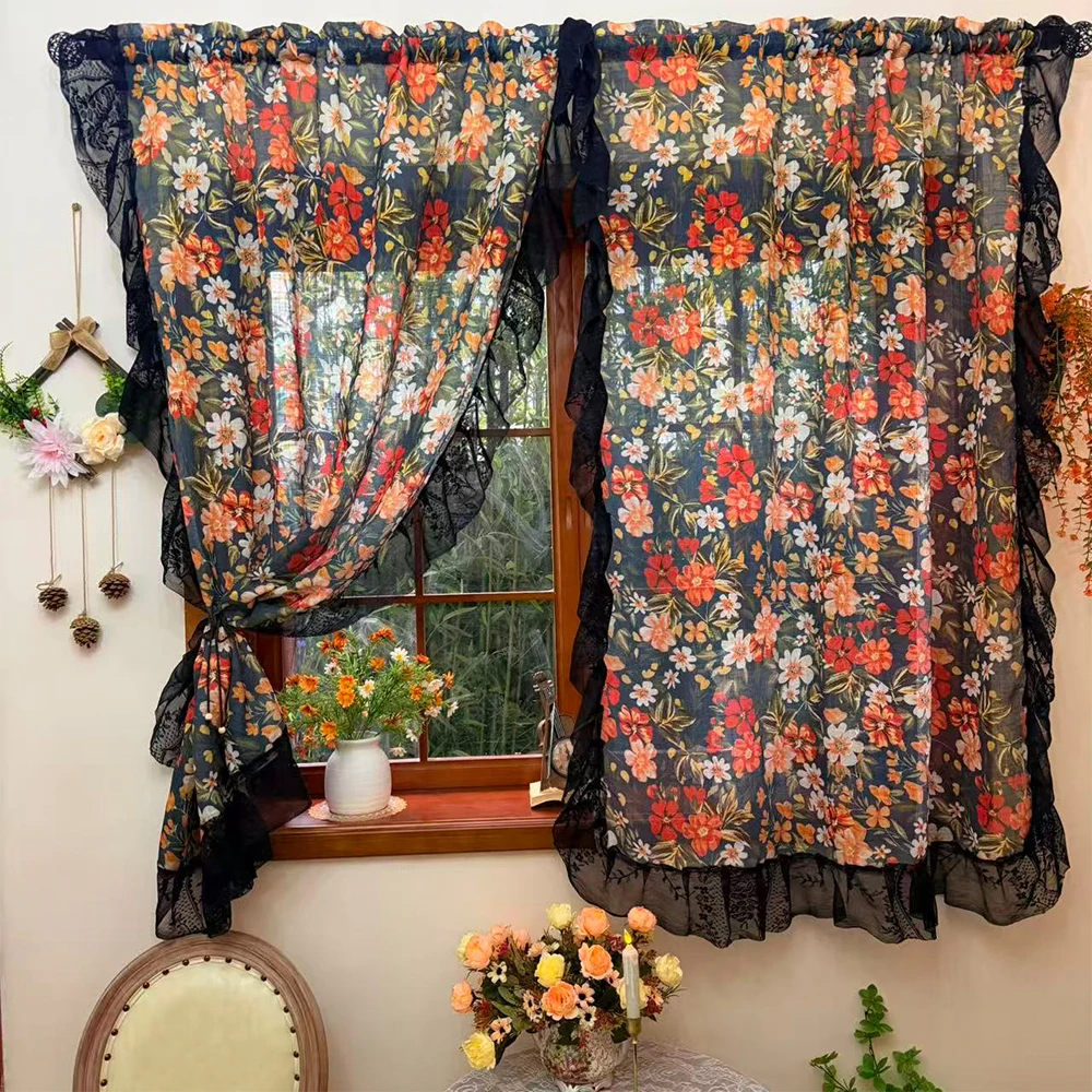 Amerikanische Vintage Bedruckte Leinenvorhänge mit Rüschendesign, Hochverdunkelnde Robuste Gardinen für Wohnzimmer Schlafzimmer