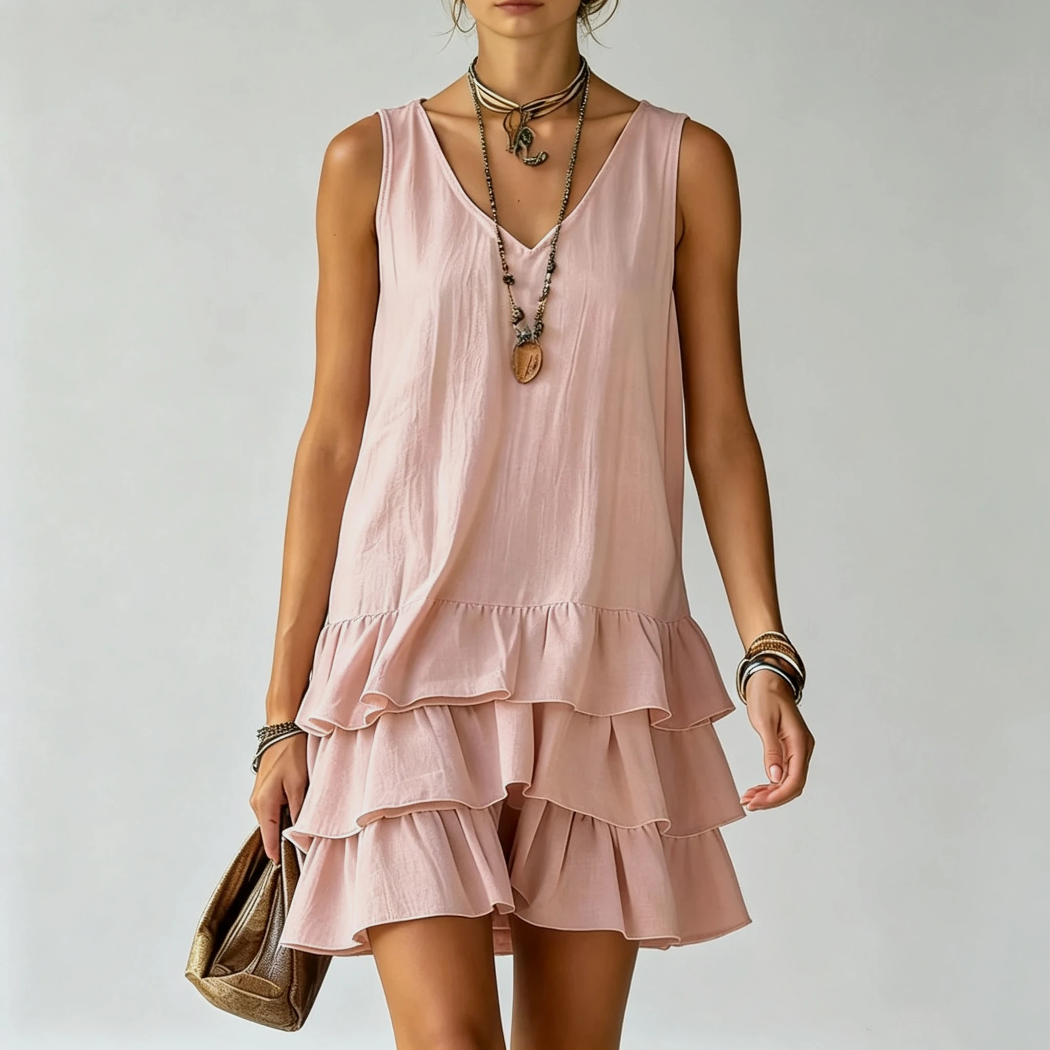 Women's New V-Neck Sleeveless Dress, Loose Straight-Cut Multi-Layered Ruffle Cake Hem Casual Short Dress
