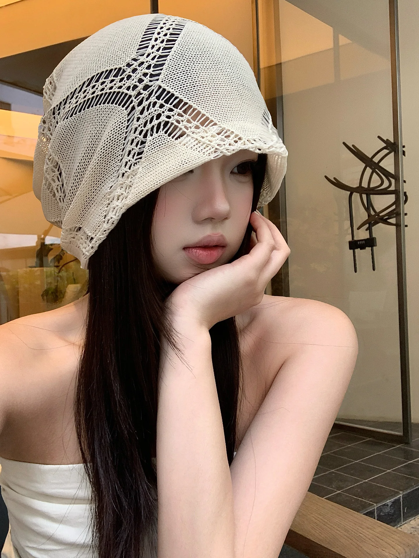 Ladies' Spring Summer Thin Knitted Hollow out Lazy Style Fashionable Small Face Cap Overhead Head Cover Hat Casual round Top