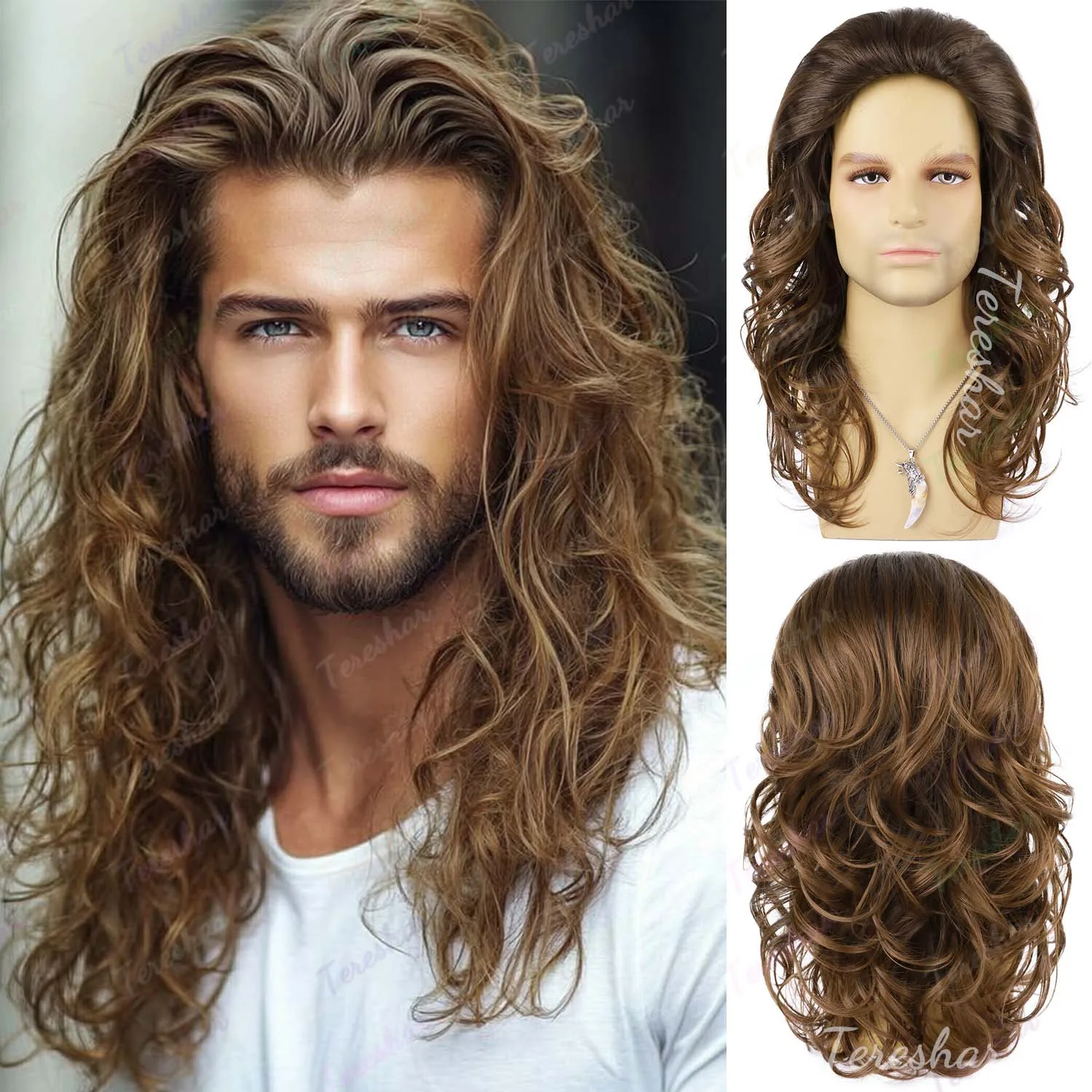 

Synthetic Mens Brown Wig Long Curly Wavy Hair Wigs Heat Resistant Retro Male Wigs for Daily Party Cospaly Wig,Multi-colored Wig