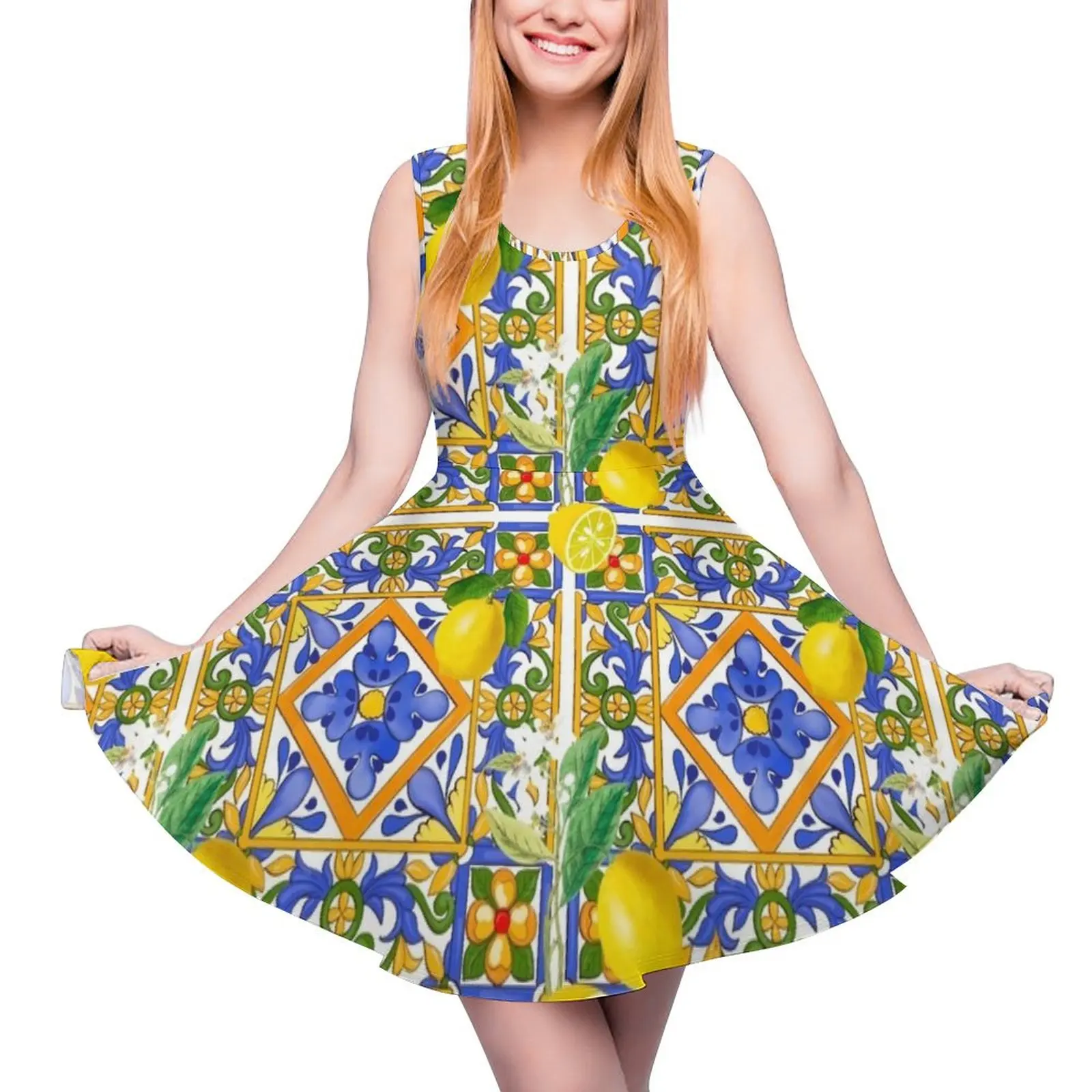 

Summer ,Sicilian tiles ,citrus,oranges,majolica,lemons ,Mediterranean Sleeveless Dress Long dress