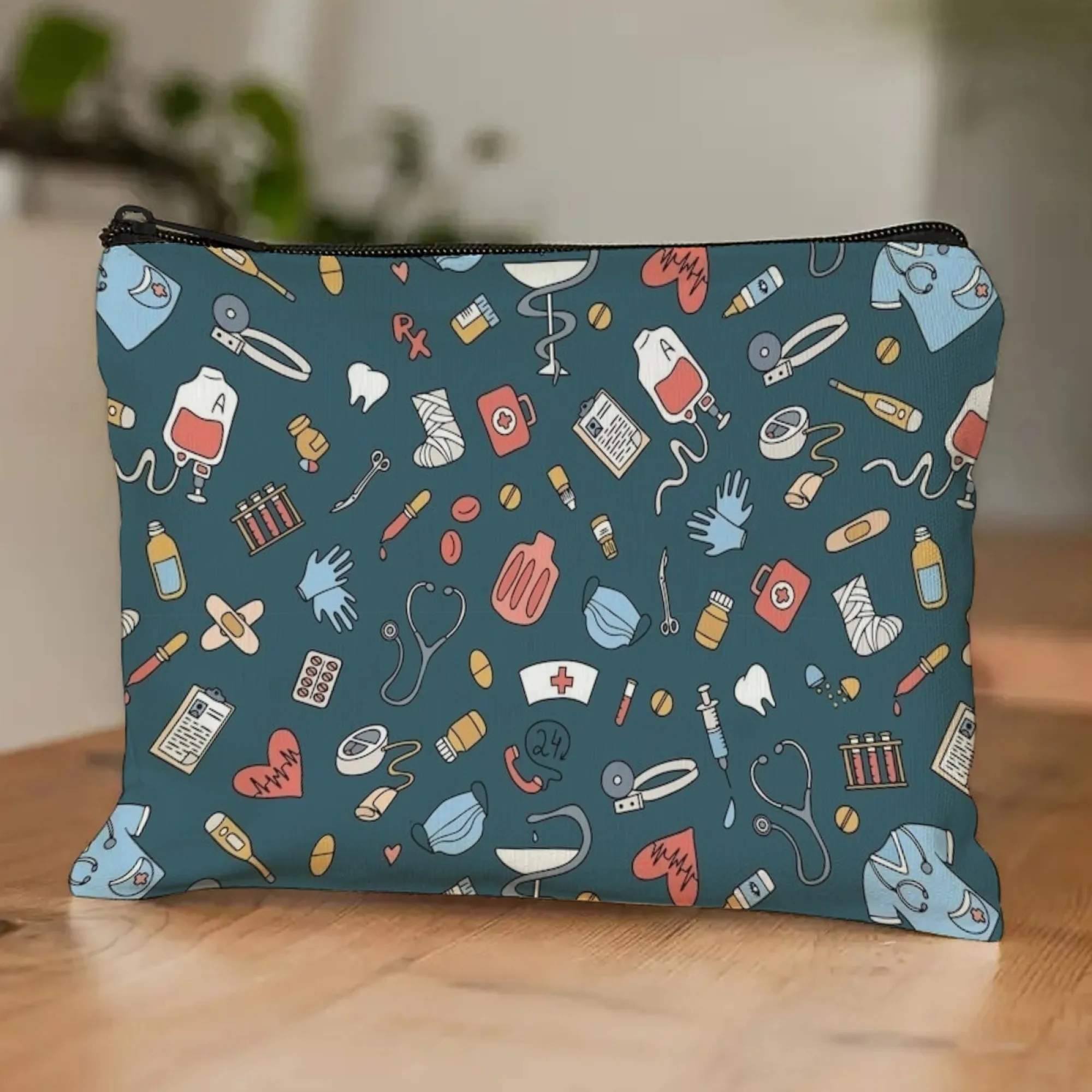 Medic Symbol Cosmetic Pouch Medical Cross, Stethoscope & Syringe Prints with Navy Accents Zippered Makeup Bag Travel & Daily