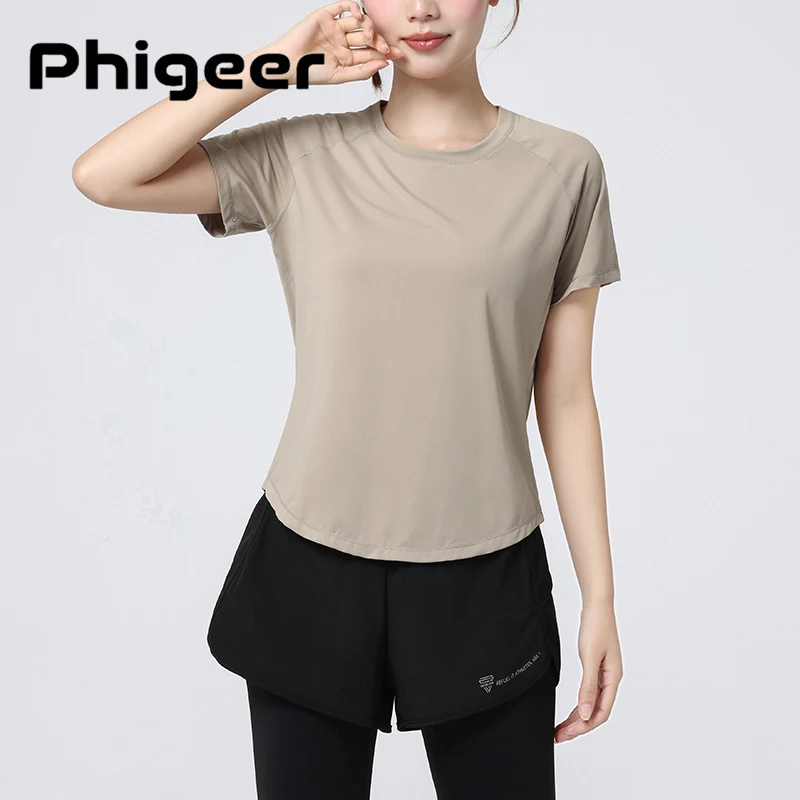 PHIGEER  Quick Dry Running Tops Women Yoga Shirts Tights Top Push Up Workout Gym Clothes Short Sleeve Fitness Sports T-Shirts