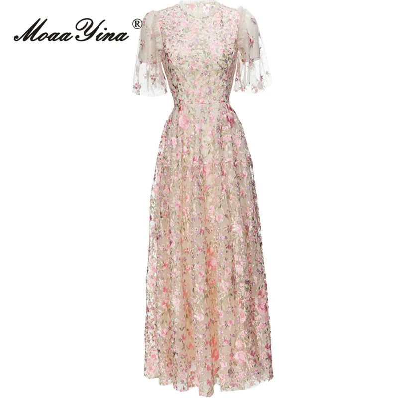 MoaaYina Summer Fashion Runway Vintage Party Casual Dress Women Ruffle Collar Short Sleeve Embroidery High Waist Mesh Long Dress