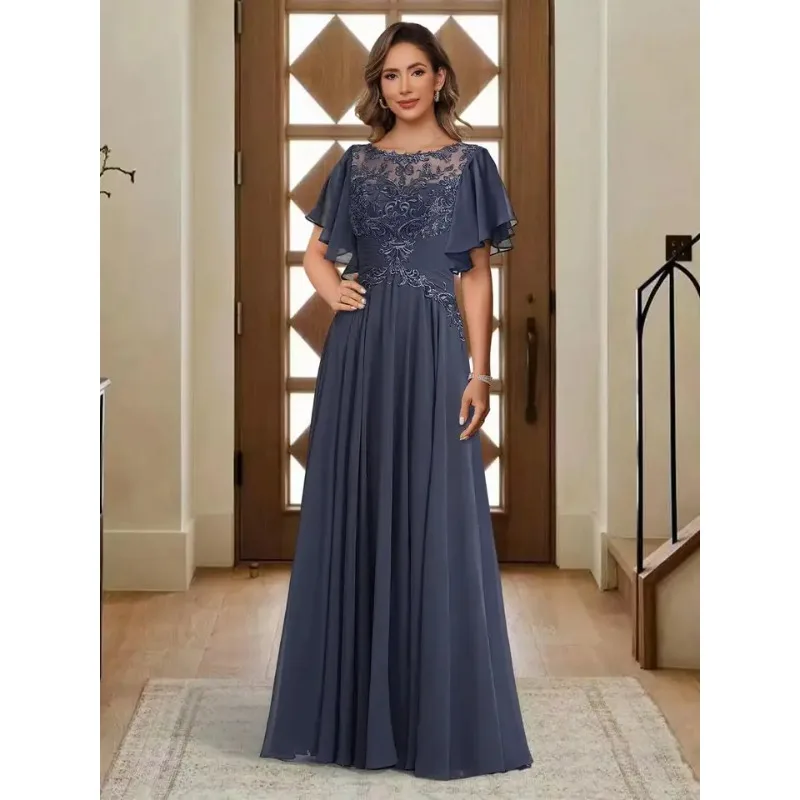 

Elegant Women's Ruffle Sleeves Mother of The Bride Dresses for Wedding Jewel Lace Chiffon Aline Formal Evening Gowns Customized