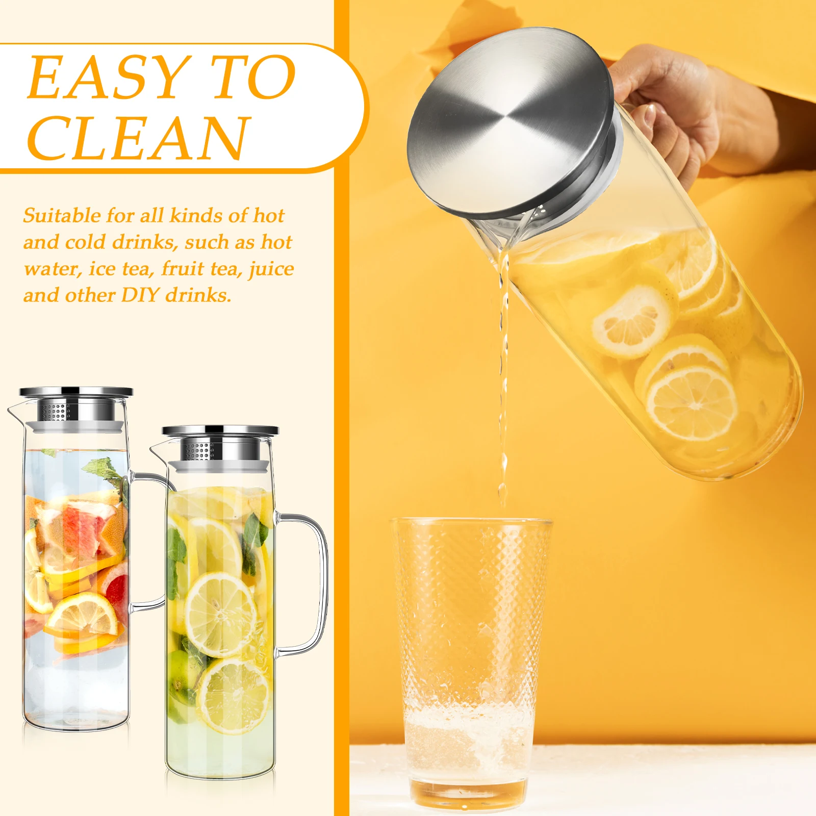 Paquete de 2 jarras de vidrio con tapa, jarra de agua de gran capacidad de 1,5 L, jarras de agua de jarra de vidrio para té helado de agua fría, Sangria