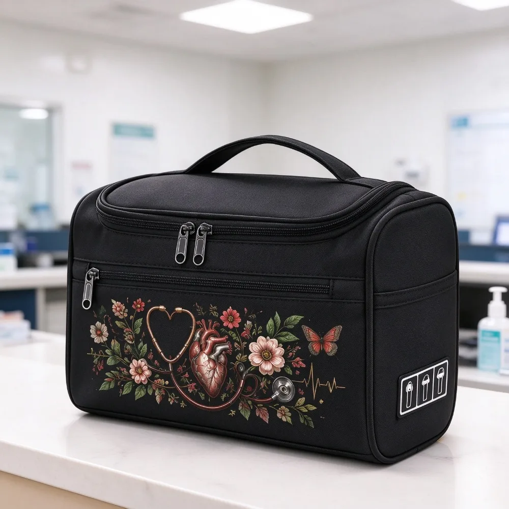 Toiletry Bag Floral Human Heart ECG Print Travel Cosmetic Bag Portable Toiletry Organizer Gift for Nurse Medical Worker
