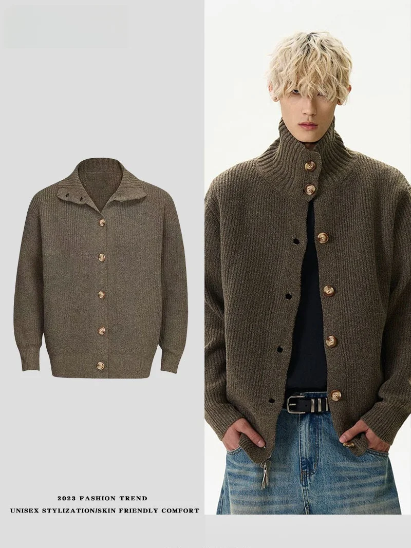 

American Retro Sle Button-Up Collar Cardigan Sweater Lazy Knitted Top Versatile Casual Winter Outerwear for Men And Women