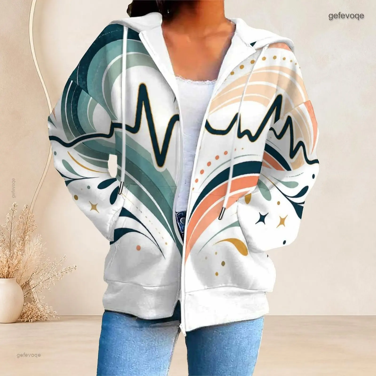 Printed Hoodie for Women Front Zip Long Sleeve Drawstring Hood Pockets