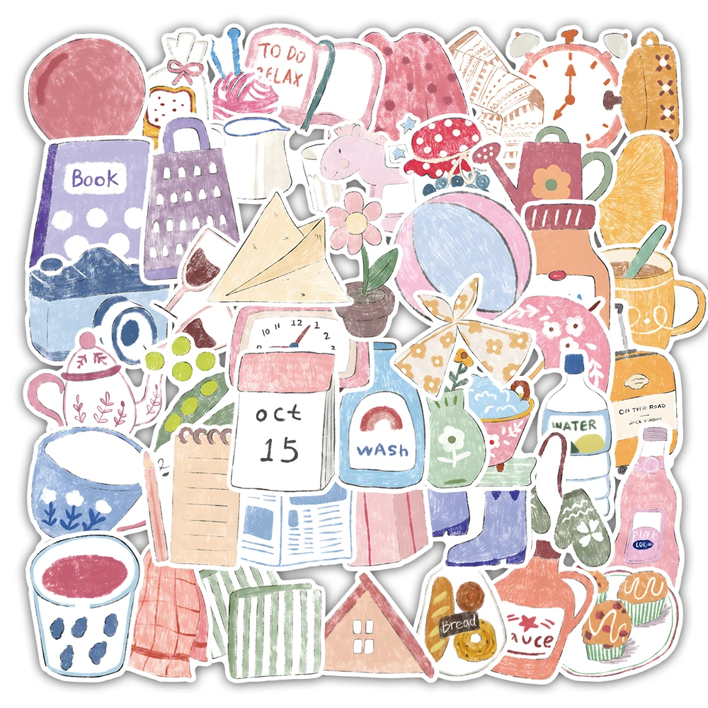 51 قطعة من ملصقات الحياة المرسومة يدويًا، مجموعة شارات يومية ساحرة لمجلة الكمبيوتر المحمول وزجاجة المياه وسجل القصاصات ديكور الكتابة على الجدران