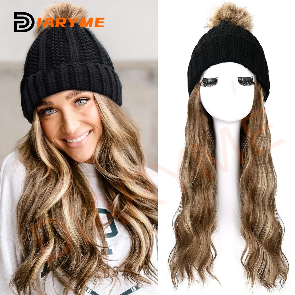 Knitted Beanie Wig Hat Hair Extension Long Wave Black Hat Wig with Faux Fur Pom Hat Attached Synthetic Hairpiece for Women Girls