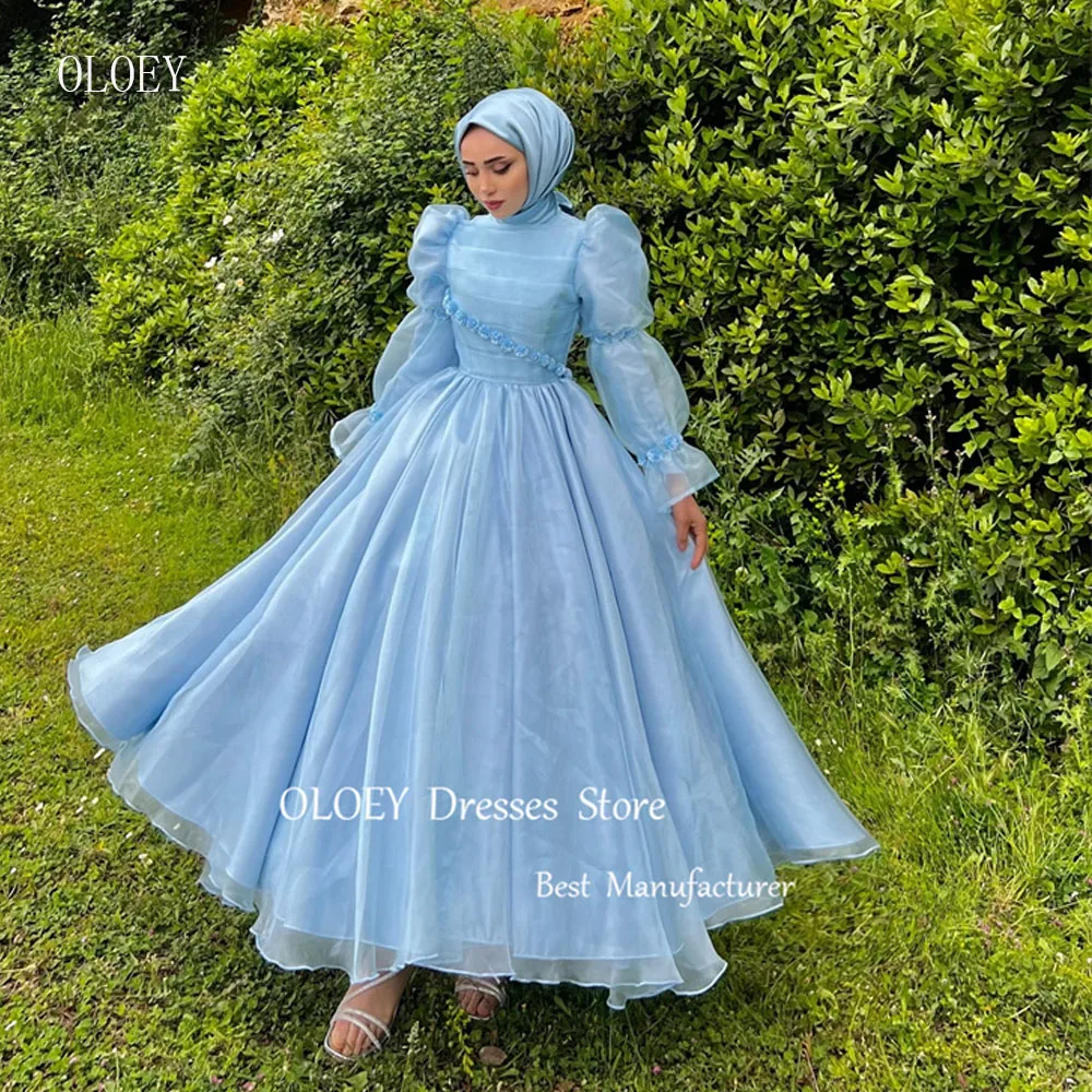 

OLOEY Modest Light Blue Silk Organza Evening Dresses Muslim Arabic Women Long Sleeves High Neck Formal Party Gowns Birthday