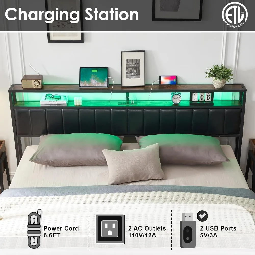 Platform Bed Frame, LED Bed Frame with PU Leather & Charging Station, 2-Tier Storage Headboard/No Box Spring Needed/Noise Free