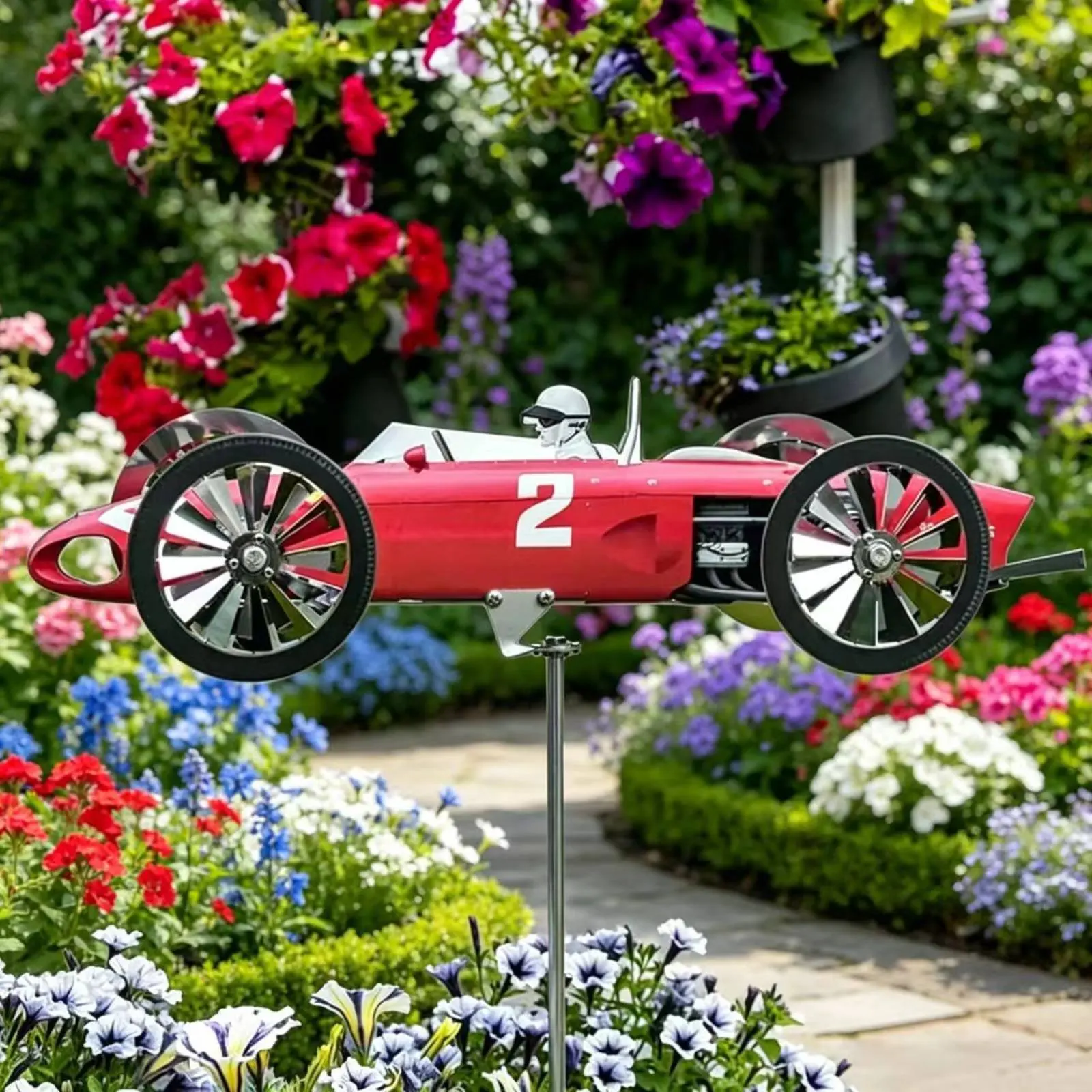 Race Car Wind Whirligig Dynamic Motion Car Garden Whirligig Weather Resistant Metal Windmill Decor for Outdoor, Yard