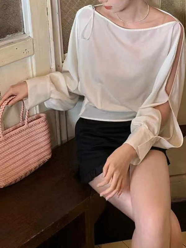 

French Style Long Sleeve Shirt Women's Elegant Loose Fit Shoulder Bared Belted Design Versatile Shirt Korean Aesthetic Unique...