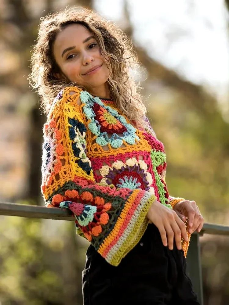 Gypsylady Knitted Cropped Blouse Shirt Hippie Hollow Out Crochet Chic Summer Women Sweater Long Sleeve Sexy Holiday Ladies Tops