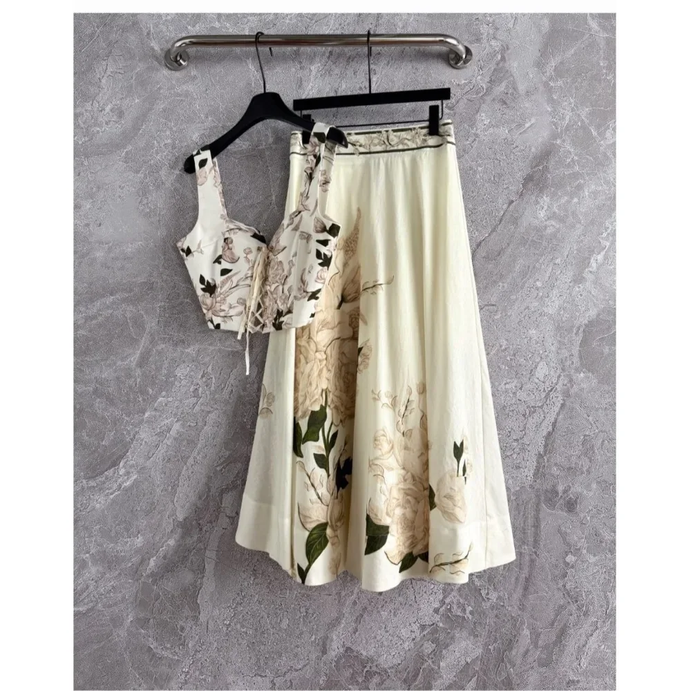 

White Buddha's Hand Floral Print Midi Skirt and Top Sets 2025 Top Quality