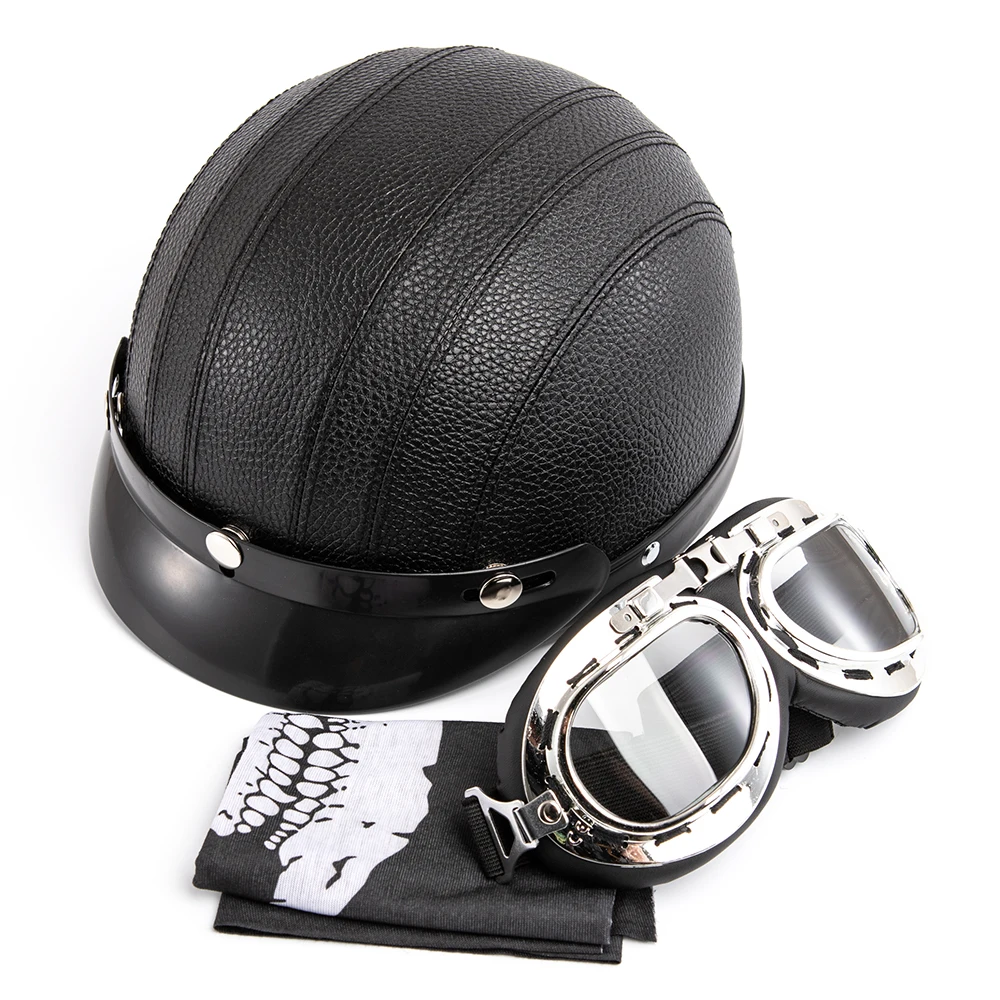 

Motorcycle Helmet Motorcycle Scooter Open Face Half Leather Helmet with Visor UV Goggles Retro Vintage Style Motocross Helmet