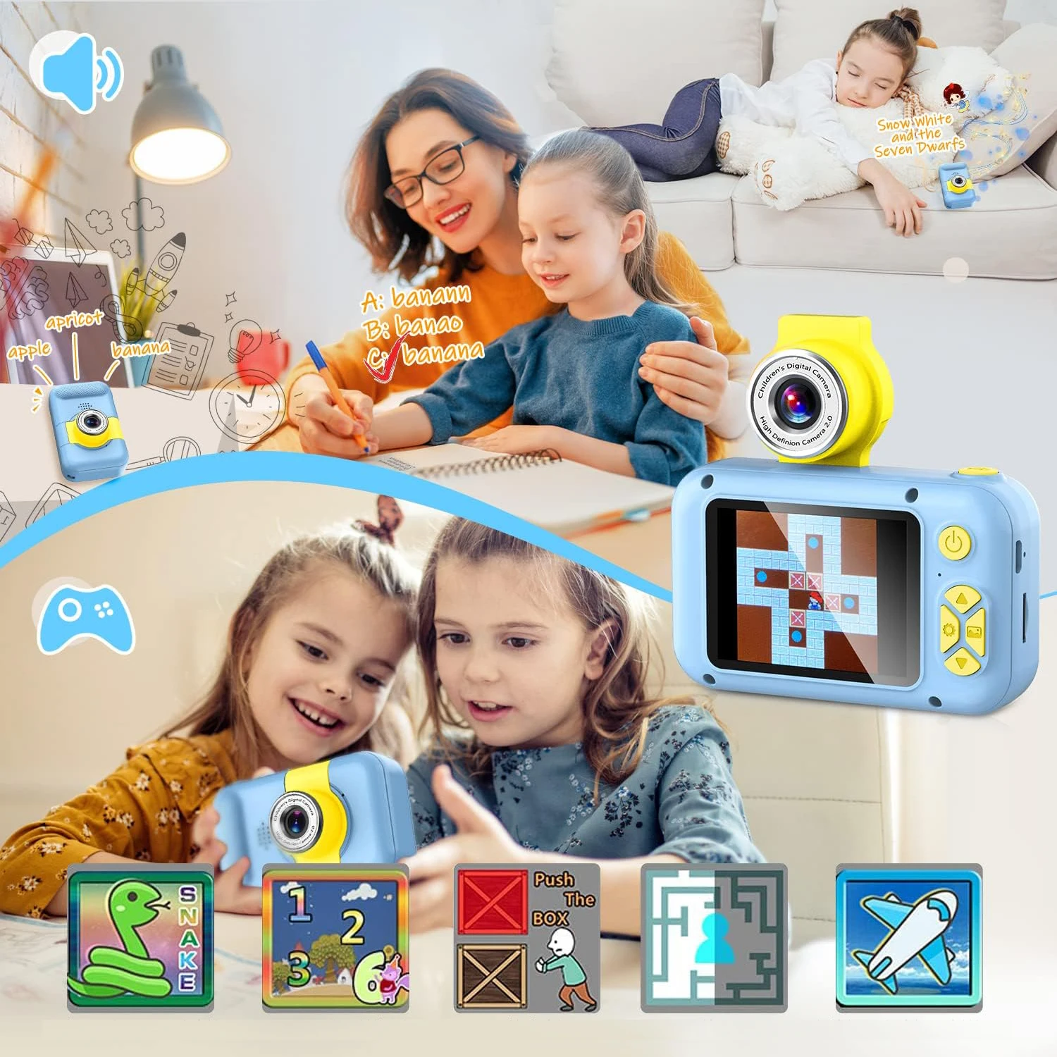 Câmera infantil, câmera ARNSSIEN para criança, câmera digital com tela IPS de 2,4 polegadas, 180 ° Câmera de estudante Flip Len, câmera de selfie infantil com Playb