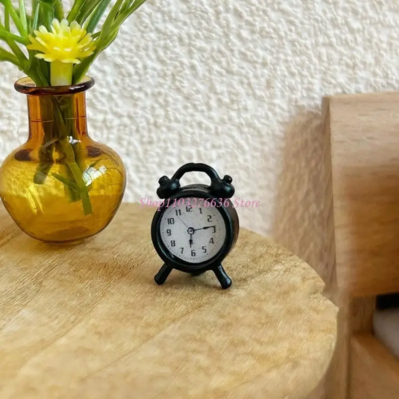 

R6FD 2Pcs Miniature Alarm Clock Alloy Clock Model Doll House Living Room Office Decors