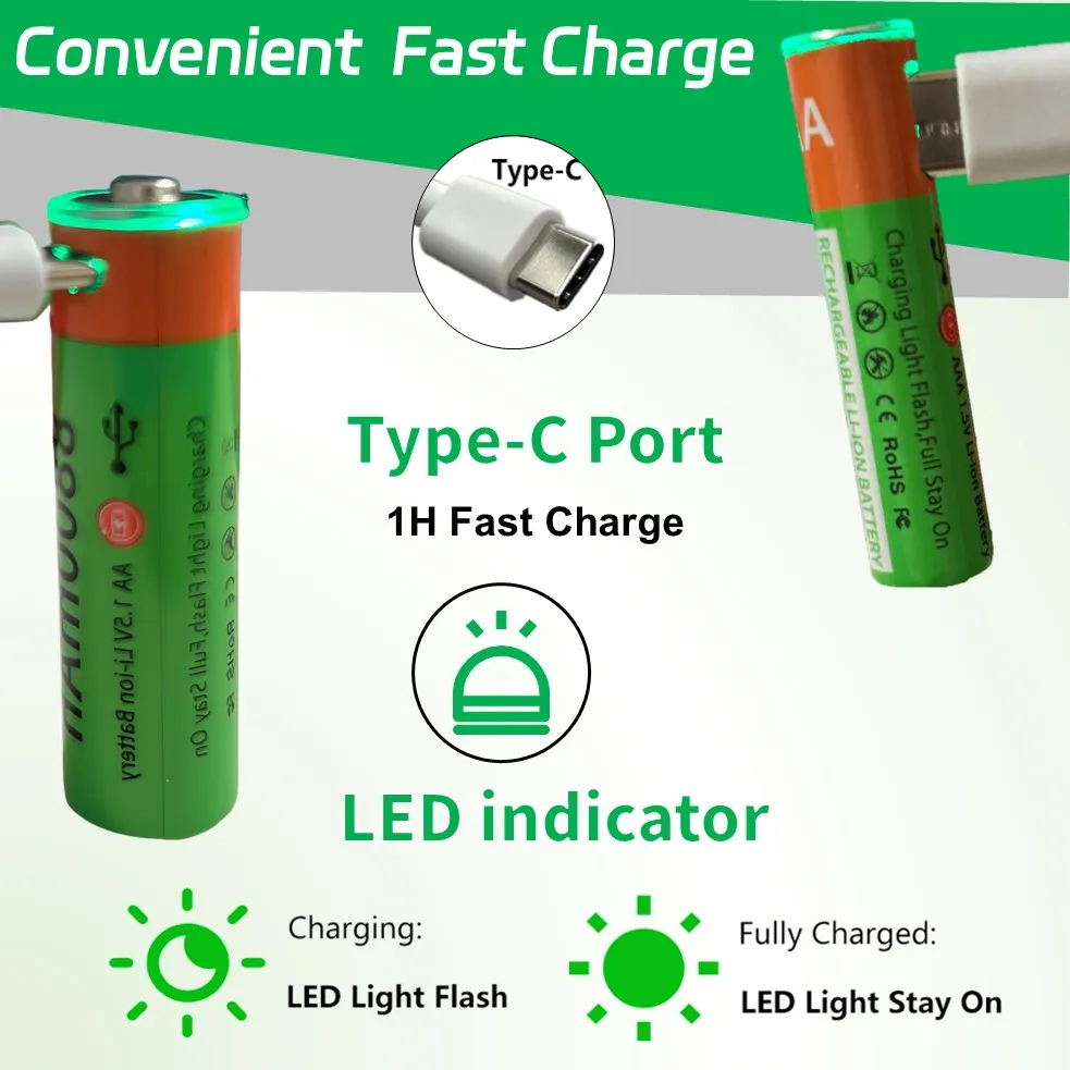 Durable 8000mAh AAA Battery, Rechargeable AAA Li-ion Battery with USB C Charging Cable, for High-Drain Devices Cameras Remotes