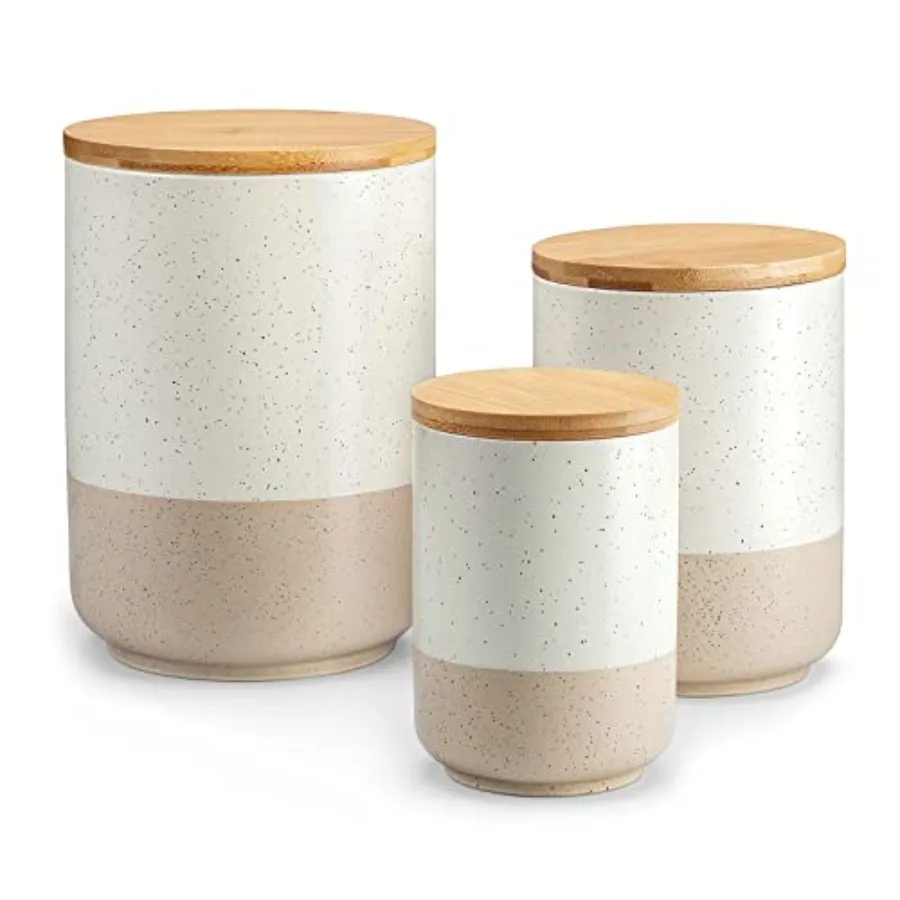

Sabine Ceramic Canister Set with Airtight Wood Lids - 3-Piece Kitchen Storage for Flour Sugar Coffee Tea and Spices - Modern Co