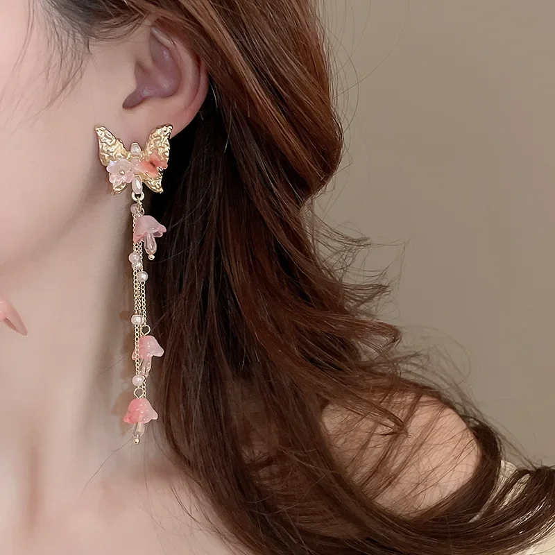 Butterfly Flower Crystal Tassel Earrings for Women Korea Sweety Long Drop Earring Fashion Temperament Luxury Designer Jewelry