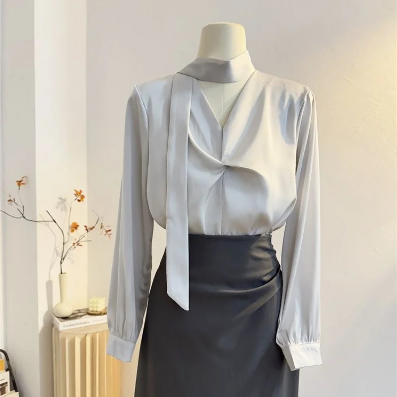 

French PleatedVWomen's Long Sleeve Shirt2025Spring Elegant Ribbon Shirt High-end Trendy Top