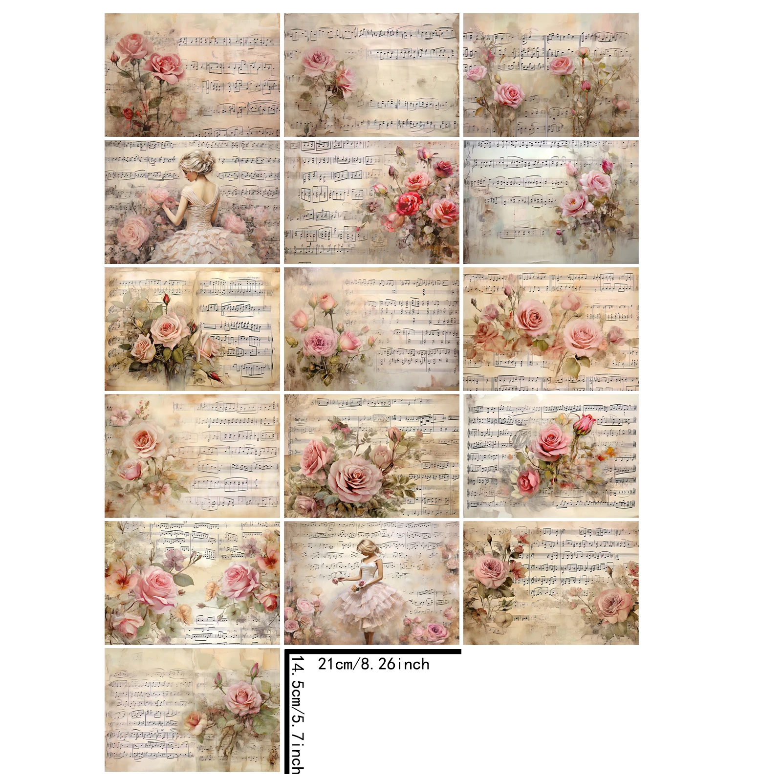 16 Sheets A5 Size Pink Rose Sheet Music For Girls Background Vintage Grunge Journal Planning Scrapbooking