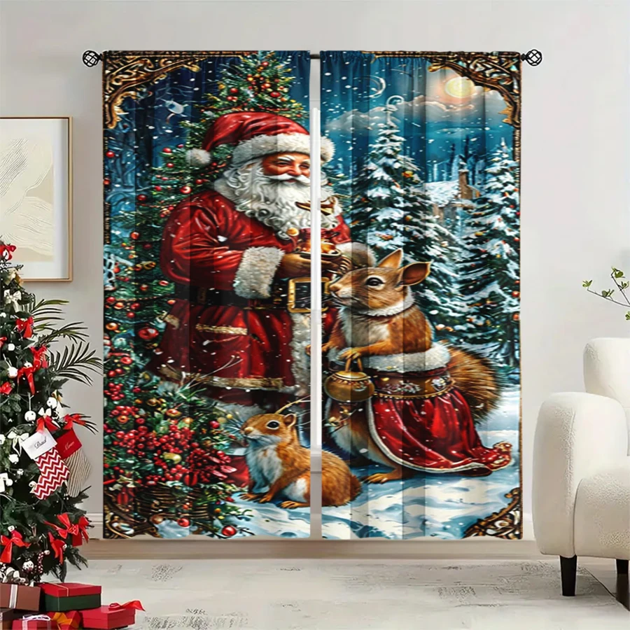 2PCS Christmas Winter Curtains, Vintage Santa Squirrel Snow Forest Tree Moon, Digital Print, Bedroom Living Room, Home Decor