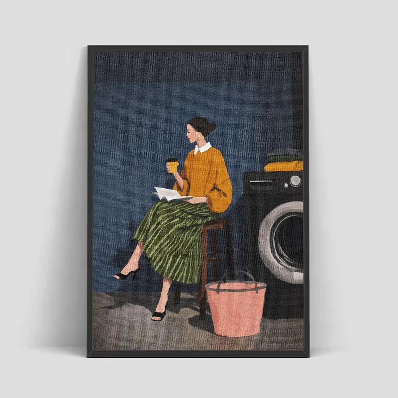 Retro 1950s Trendy Woman Laundry Cozy Breakfast Coffee French Kitchen Poster Canvas Painting Wall Pictures Home Decor Gift