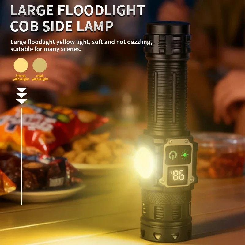 30W LED+COB yellow light+XPG purple light multi-light side light with magnet outdoor zoom aluminum alloy flashlight