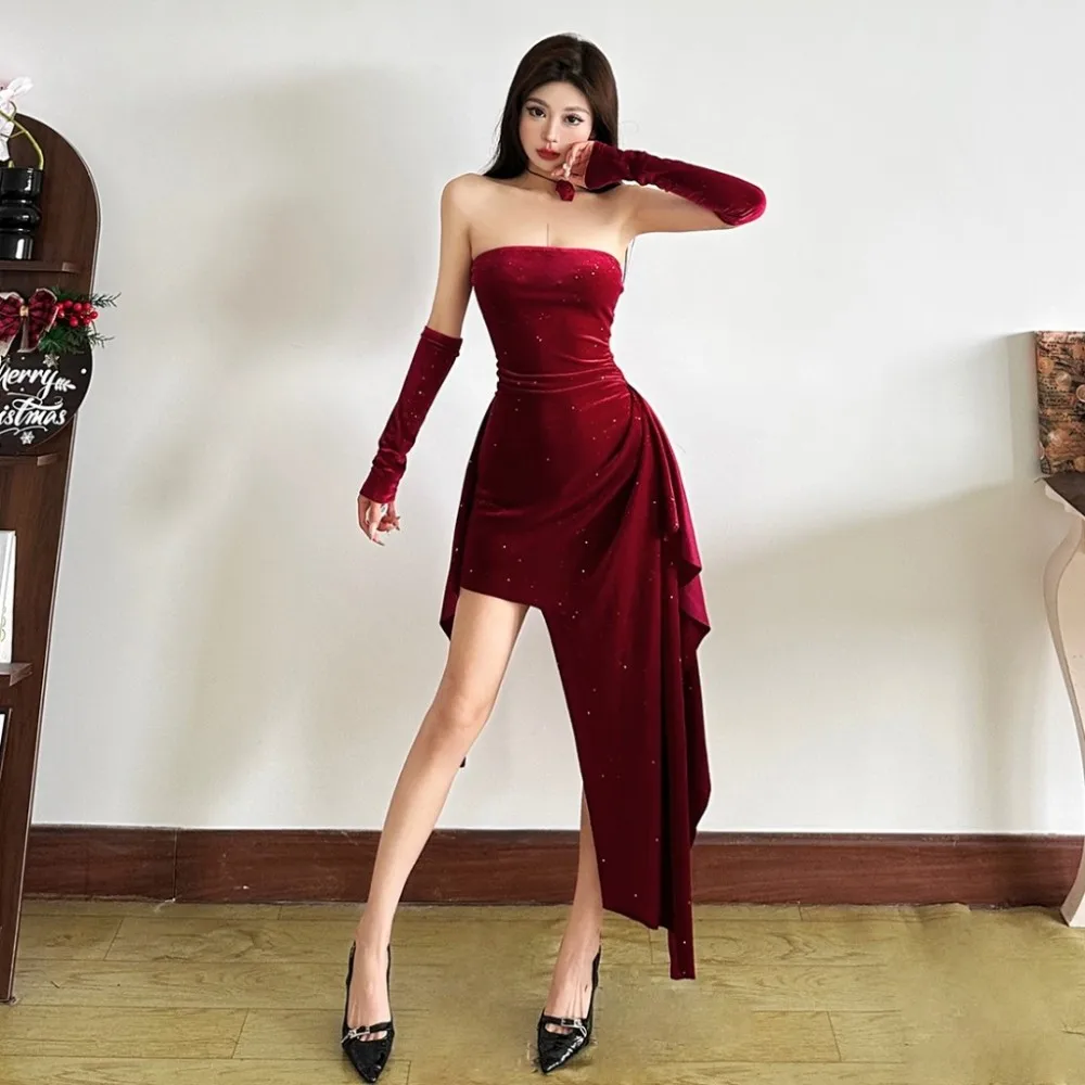 Sukienka SylCue Red Bright Silk Dress+Sleeve Cover Woman Chest Wrap Backless Shape Waist Irregular Hem Christmas Party Elegant Bodycon