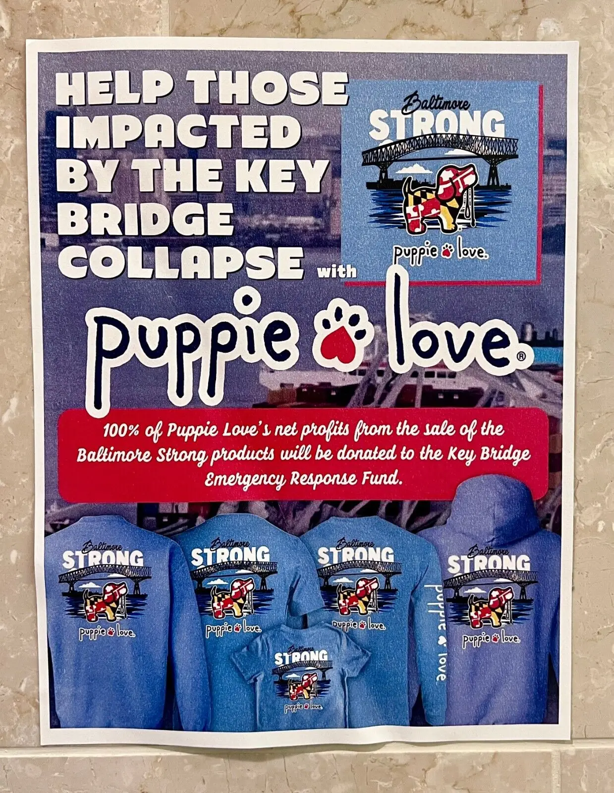 Puppie Love BALTIMORE STRONG Key Bridge Collapse T-Shirt - NEW!