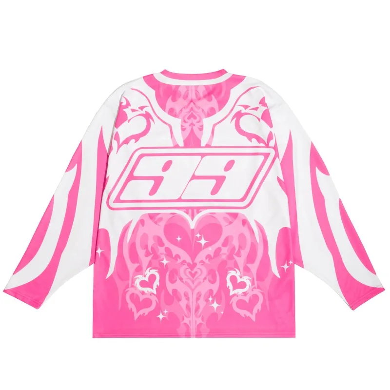 Y2K Retro Jersey Aesthetics Love Pattern Streetwear T Shirt Men Women Motorcycle Gothic Trend Casual Loose Long Sleeve Pullover