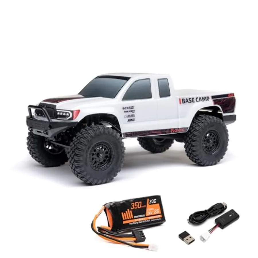 

RC Truck 1/24 SCX24 Base Camp 4x4 Rock Crawler Brushed RTR for outdoor off-road use, ABS plastic body in white color, includes