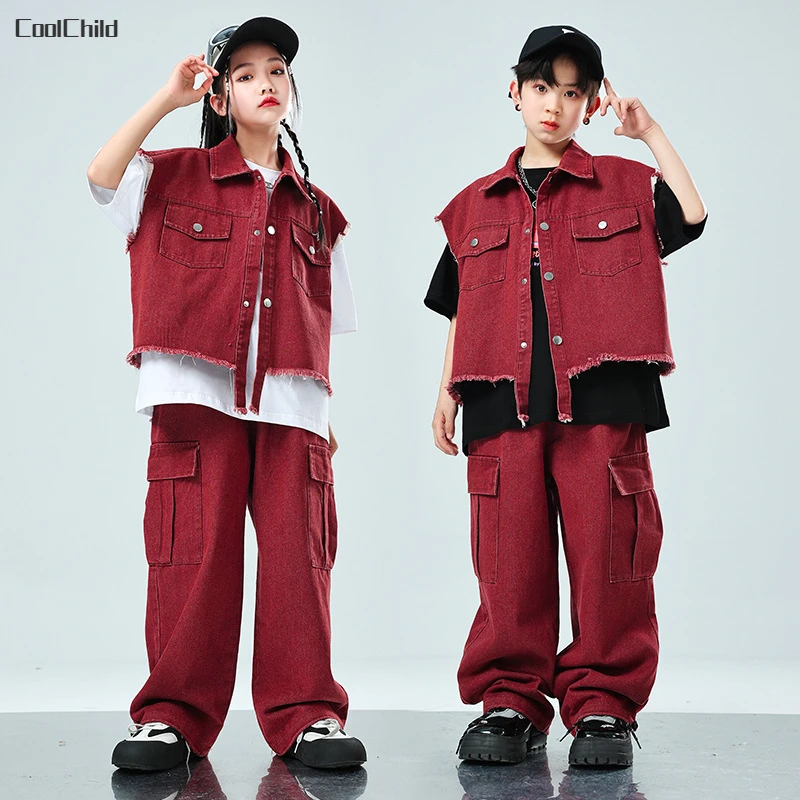 Hip Hop Girls Cool Denim Vest Burr Edge Cargo Jeans Clothes Sets Boys Jazz Street Dance T-shirt Child Kids Streetwear Costumes