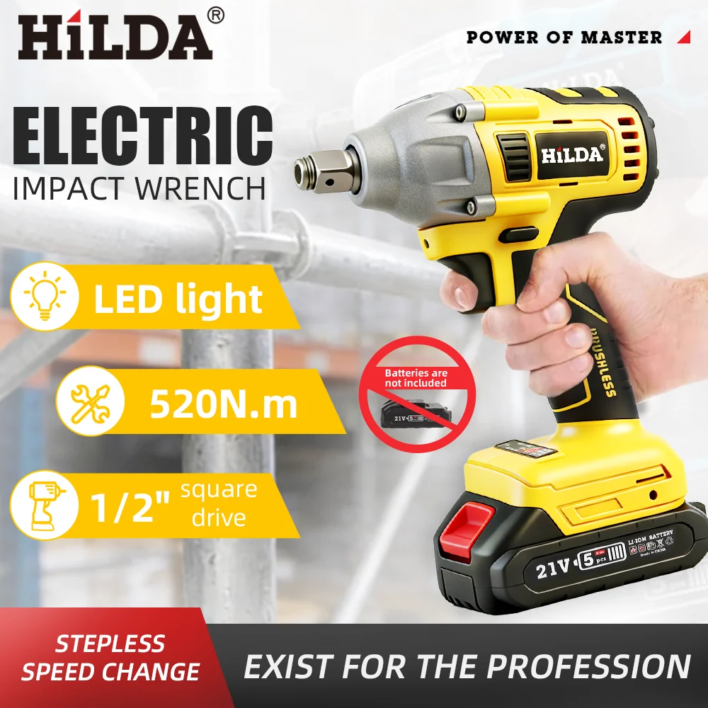 HILDA 1/2" Cordless Impact Wrench Brushless Electric Wrench LED Light Power Tool for Scaffolding Tire Repair for Makita Battery