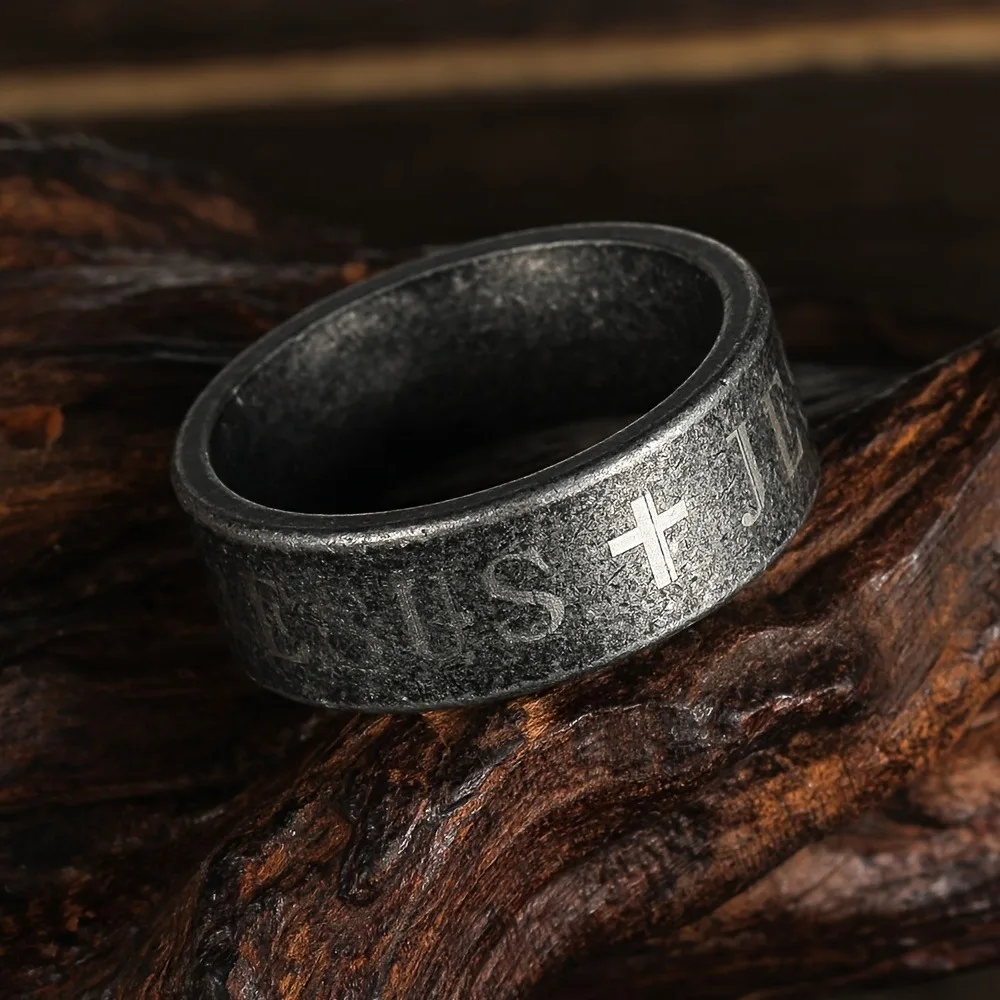 خمر الرجال الفولاذ المقاوم للصدأ الكتاب المقدس الآية يسوع الصليب خواتم للرجال الصليب المسيحي الدائري الرجال تميمة المجوهرات