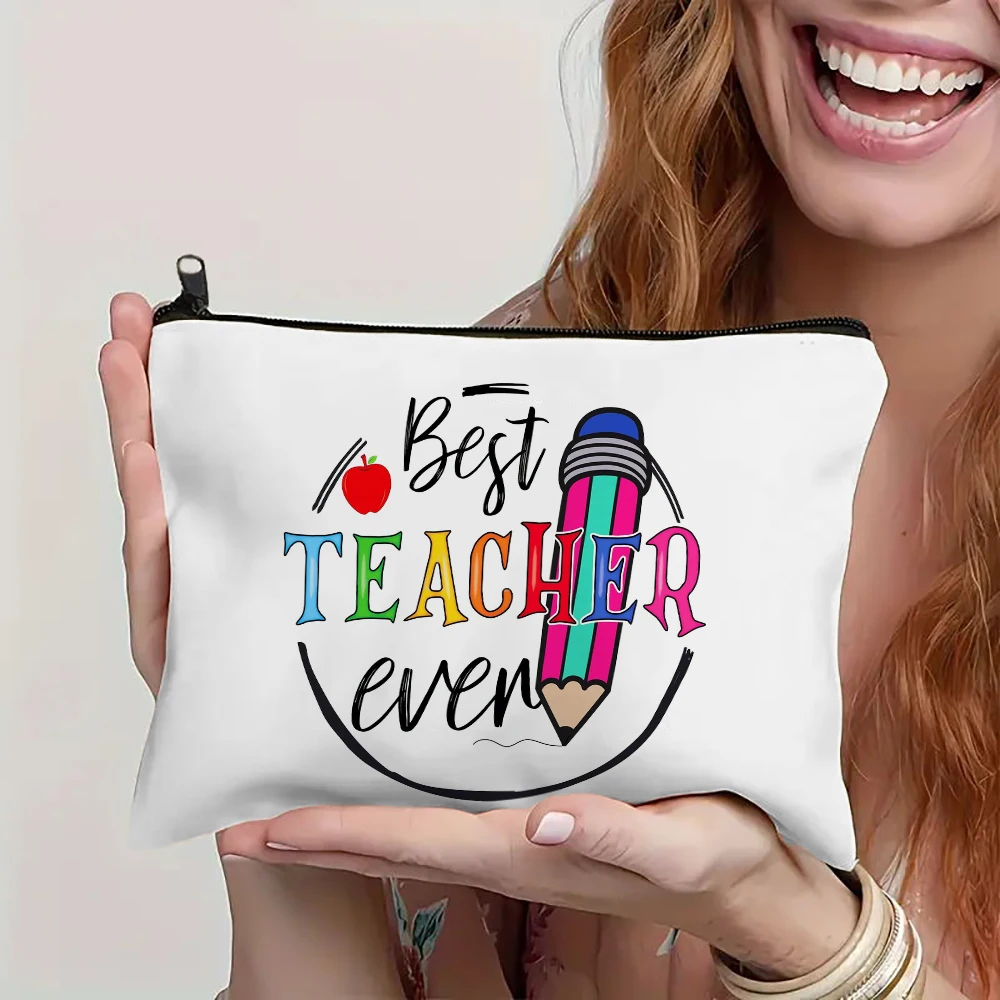 Coffee Give Me Teacher Power Women Linen Cosmetic Bag Makeup Pouch Handbag Lipstick Organizer Teacher\'s Day Best Gifts Pen Bag