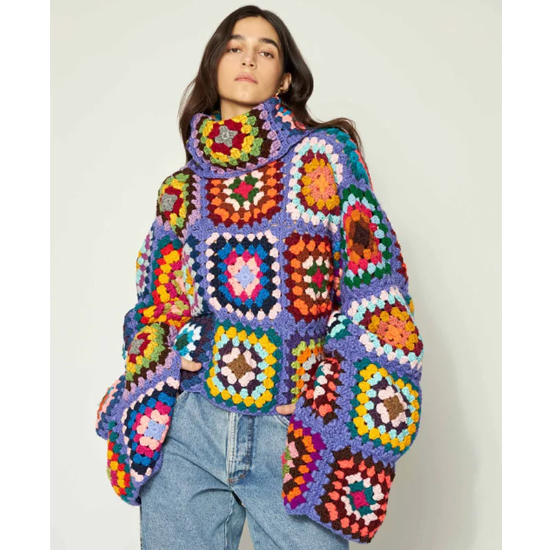 Colorful Crochet Sweaters Granny Square Turtleneck Cute Cardigan Boho Afghan Stitching Coat Color Patchwork Clothing For Lady