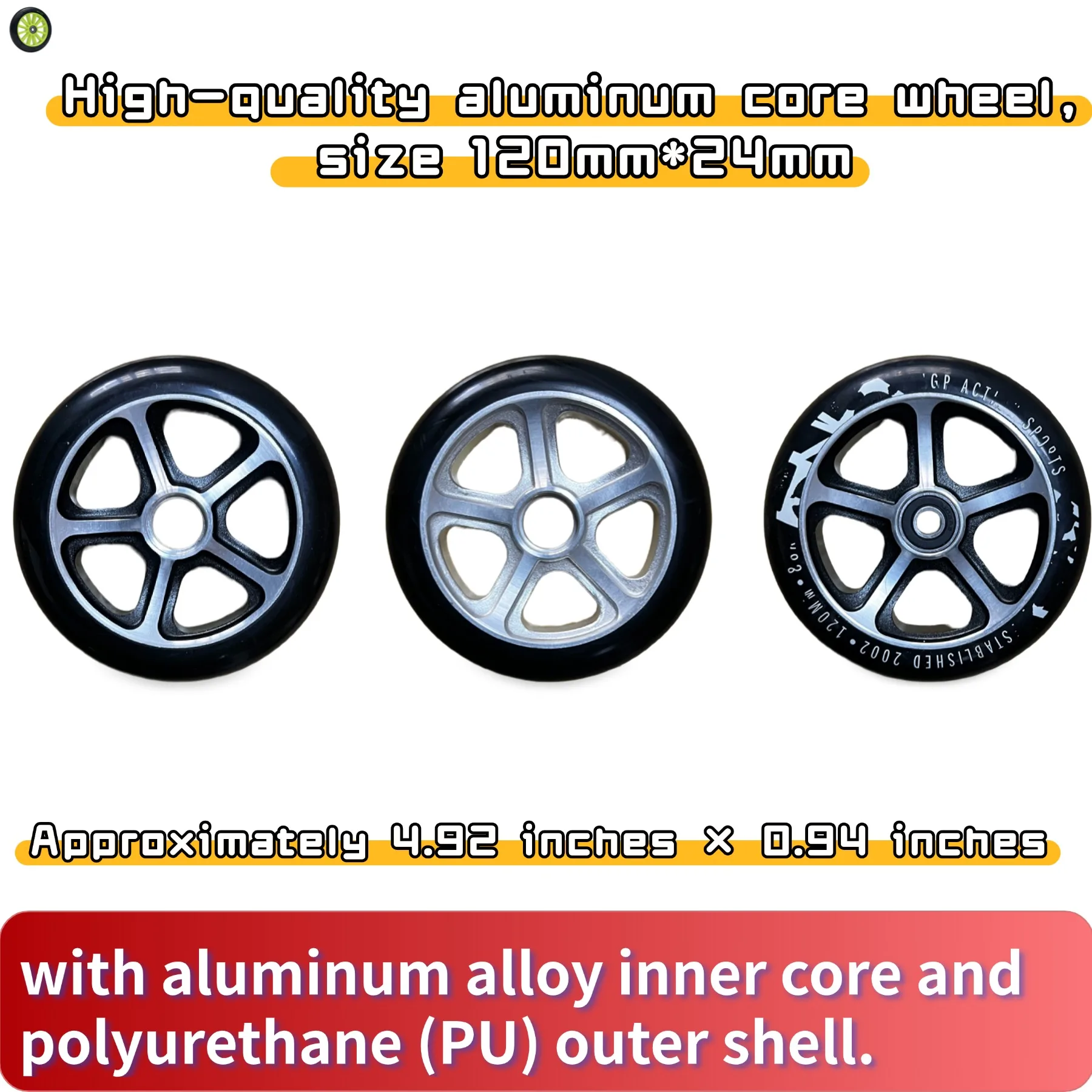 120mm (4.92-inch) Aluminum Core Replacement Wheel for Speed Scooters - Aluminum Alloy + PU with Black Bearings(2PCS)