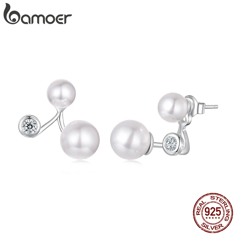 BAMOER 925 Sterling Silver Front-Back Pearl Stud Earrings, Plated White Gold X Shape Piercing CZ Earrings for Elegant Women Gift