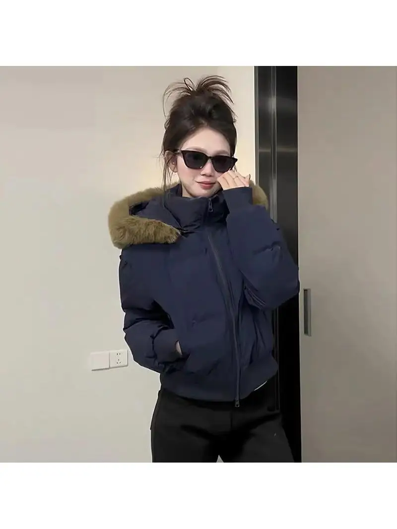 

Ретро-куртка-пуховик в американском стиле, новинка зимы 2025, с меховым воротником и капюшоном, 90% белый утиный пух, приталенный крой