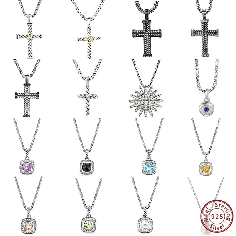 2024 New Arrival: S925 Silver DY Necklace with Classic Cross Element and Gemstone Inlay – Perfect Party Favors