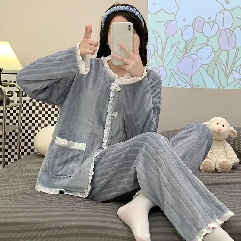 

Lace Women Pajamas Set Winter Fleece Sleepwear 2 Piece Pant Pocket Home Suit Fluffy Piiama Warm Solid Fashion Night Wear