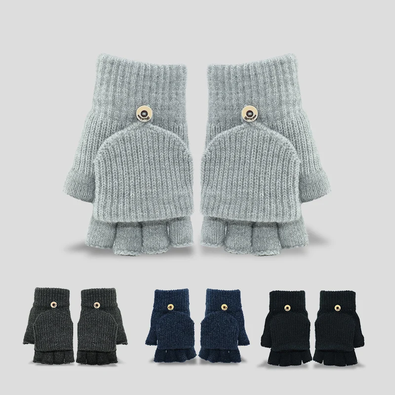 Autumn and Winter Student Writing Gloves, Knitted Fleece-Lined Half-Finger Flip-Top Gloves for Men and Women, Warm Gloves